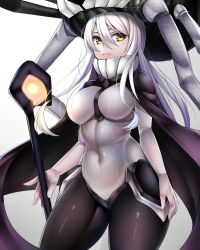 Rule 34 | 10s, 1girl, abyssal ship, black cape, black legwear, bodysuit, breasts, cane, cape, covered navel, curvy, expressionless, gloves, hair between eyes, hat, headgear, high collar, highres, kantai collection, long hair, looking at viewer, medium breasts, nano (syoutamho), no gloves, pale skin, silver hair, solo, staff, teeth, tentacles, thick thighs, thighs, white gloves, wide hips, wo-class aircraft carrier, yellow eyes