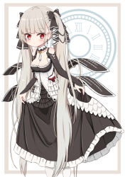 Rule 34 | 1girl, absurdres, azur lane, bare shoulders, between breasts, black bow, black dress, blush, bow, breasts, cleavage, closed mouth, clothing cutout, collarbone, commentary request, dress, earrings, formidable (azur lane), frilled dress, frills, grey hair, hair bow, highres, jewelry, jiu (sdesd3205), large breasts, long hair, long sleeves, looking at viewer, pantyhose, red eyes, roman numeral, shoulder cutout, sleeves past wrists, solo, twintails, very long hair, white pantyhose