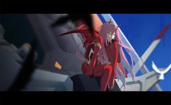 Rule 34 | 1girl, blurry, blurry background, blurry foreground, bodysuit, closed mouth, darling in the franxx, depth of field, floating hair, from side, green eyes, hairband, highres, horns, knee up, letterboxed, long hair, looking at viewer, pilot suit, pink hair, red bodysuit, solo, symbol-only commentary, waterkuma, zero two (darling in the franxx)