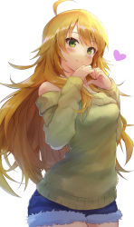 Rule 34 | 1girl, absurdres, ahoge, bare shoulders, blonde hair, blue shorts, blush, closed mouth, denim, denim shorts, green sweater, heart, heart hands, highres, hoshii miki, idolmaster, idolmaster (classic), long hair, long sleeves, looking at viewer, shorts, shuucream (syuichi), simple background, smile, solo, sweater, white background