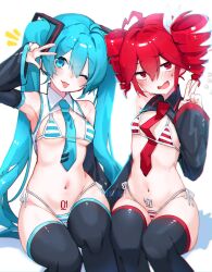 Rule 34 | 2girls, ahoge, aqua eyes, aqua hair, aqua necktie, artist name, barcode, bikini, black thighhighs, blush, breasts, charu (rokushini), closed mouth, detached collar, detached sleeves, drill hair, feet out of frame, flat chest, furrowed brow, groin, hand up, hatsune miku, highres, kasane teto, long hair, looking at viewer, multiple girls, navel, necktie, nervous smile, notice lines, one eye closed, open mouth, red eyes, red hair, red necktie, shadow, short hair, side-tie bikini bottom, simple background, sitting, small breasts, smile, string bikini, striped bikini, striped clothes, swimsuit, thighhighs, tongue, tongue out, twin drills, utau, v, very long hair, vocaloid, w, watermark, white background