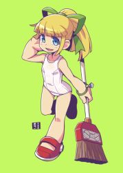 Rule 34 | 1girl, :d, arm behind head, bare arms, bare shoulders, blonde hair, blue eyes, blush, breasts, broom, collarbone, full body, green background, green ribbon, hair ribbon, hand up, holding, holding broom, looking at viewer, mawaru (mawaru), mega man (classic), mega man (series), old school swimsuit, one-piece swimsuit, open mouth, ponytail, red footwear, ribbon, roll (mega man), school swimsuit, shoes, simple background, small breasts, smile, solo, standing, standing on one leg, swimsuit, white one-piece swimsuit