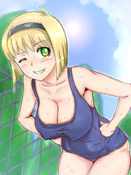 Rule 34 | 1990s (style), 1girl, bare arms, bare legs, bare shoulders, blonde hair, blue one-piece swimsuit, blush, breasts, cleavage, clenched teeth, covered erect nipples, female focus, green eyes, hands on own hips, highres, hosokawa miki, jigoku sensei nube, large breasts, leaning forward, legs, looking at viewer, nekoshi, one-piece swimsuit, one eye closed, outdoors, retro artstyle, short hair, sky, sleeveless, smile, solo, standing, sun, sunlight, sweat, swimsuit, teeth, thighs, wink