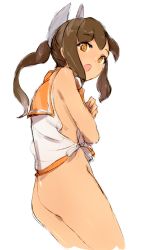 Rule 34 | 1girl, alchera, ass, bottomless, brown eyes, brown hair, covering privates, covering breasts, cowboy shot, i-401 (kancolle), kantai collection, long hair, looking at viewer, open mouth, orange sailor collar, ponytail, sailor collar, shirt, side-tie shirt, simple background, sleeveless, sleeveless shirt, solo, surprised, white background