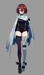 Rule 34 | 1girl, absurdres, arms at sides, asymmetrical footwear, asymmetrical legwear, belt buckle, belt collar, black collar, black footwear, black leotard, blue cape, blue footwear, blue thighhighs, boots, breasts, brown hair, buckle, cape, closed mouth, collar, commentary request, full body, gloves, grey background, hair between eyes, hair ornament, hairclip, high heel boots, high heels, highleg, highleg leotard, highres, leotard, liyou-ryon, long sleeves, looking away, looking down, medium breasts, mismatched footwear, mismatched legwear, original, purple thighhighs, red eyes, simple background, single thigh boot, single thighhigh, solo, standing, thigh boots, thighhighs, torn cape, torn clothes, white gloves