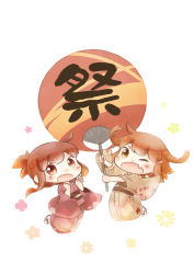 Rule 34 | 10s, 2girls, alternate costume, bad id, bad pixiv id, brown eyes, brown hair, commentary request, hand fan, fang, folded ponytail, hair ornament, hairclip, hinata yuu, ikazuchi (kancolle), inazuma (kancolle), japanese clothes, kantai collection, kimono, looking at viewer, multiple girls, obi, one eye closed, open mouth, paper fan, sash, short hair, uchiwa, yukata