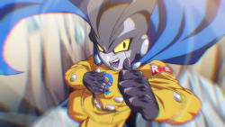 Rule 34 | 1boy, android, blue cape, cape, chromatic aberration, colored sclera, dragon ball, dragon ball super, dragon ball super super hero, gamma 2, male focus, motion blur, open mouth, pointing, pointing at self, red ribbon army, rom (20), smile, solo, upper body, yellow sclera