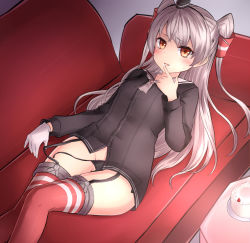 Rule 34 | 10s, 1girl, :p, amatsukaze (kancolle), black hat, black panties, black ribbon, black shirt, blush, buttons, cake, collarbone, couch, cream, dress shirt, eyebrows, eyelashes, food, fruit, garter straps, gloves, groin, hair tubes, hairband, hat, highres, kantai collection, licking, licking finger, long hair, long sleeves, looking at viewer, lying, mini hat, neit ni sei, no pants, on back, on couch, orange eyes, panties, parted lips, plate, red thighhighs, ribbon, sailor collar, saliva, school uniform, see-through, shirt, side-tie panties, silver hair, single glove, solo, strawberry, string panties, sweatdrop, table, tareme, thigh strap, thighhighs, tongue, tongue out, twintails, two side up, underwear, undressing, untied panties, very long hair, white gloves