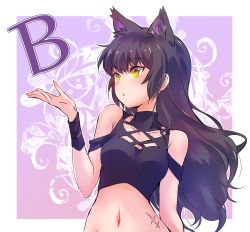 Rule 34 | 1girl, animal ears, arm ribbon, bare shoulders, black hair, blake belladonna, blush, breasts, cat ears, cat girl, cleavage, collarbone, extra ears, faunus (rwby), hand up, highres, iesupa, long hair, looking to the side, looking up, medium breasts, midriff, navel, parted lips, ribbon, rwby, scar, scar on stomach, solo, tank top, upper body, yellow eyes