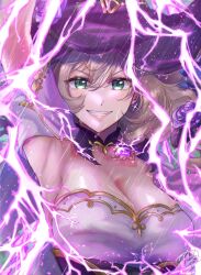 Rule 34 | 1girl, armpits, bare shoulders, breasts, brown hair, cleavage, corset, electricity, evil smile, genshin impact, green eyes, hair between eyes, hat, highres, hotoritan, imminent fight, large breasts, lisa (genshin impact), looking at viewer, orb, outdoors, purple corset, purple headwear, rain, smile, thunder, upper body, v-shaped eyebrows, water drop, witch hat