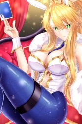 Rule 34 | 1girl, ahoge, animal ears, artoria pendragon (all), artoria pendragon (fate), artoria pendragon (swimsuit ruler) (fate), bare shoulders, blonde hair, blue necktie, blue pantyhose, blush, braid, breasts, card, cleavage, clothing cutout, detached collar, fake animal ears, fate/grand order, fate (series), feather boa, fishnet pantyhose, fishnets, french braid, green eyes, hair between eyes, high heels, highleg, highleg leotard, highres, ilsa34660285, knee up, large breasts, leotard, long hair, looking at viewer, navel, navel cutout, necktie, open mouth, pantyhose, playboy bunny, playing card, ponytail, rabbit ears, sidelocks, sitting, solo, tiara, white leotard, wrist cuffs