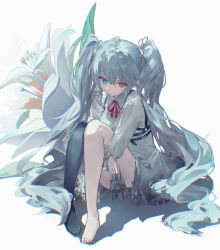 Rule 34 | 1girl, 25-ji miku, barefoot, black pantyhose, blue eyes, blue hair, bow, bowtie, chest harness, closed mouth, dress, expressionless, flower, frilled sleeves, frills, hair between eyes, harness, hatsune miku, heterochromia, highres, hugging own legs, light, lily (flower), long hair, long sleeves, looking down, mihoranran, on floor, pantyhose, pink eyes, project sekai, red bow, red bowtie, shadow, sidelocks, simple background, single bare leg, single leg pantyhose, sitting, solo, twintails, vocaloid, white background, white bow, white dress, white flower