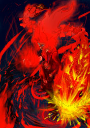 Rule 34 | 1girl, black background, blouse, collared shirt, creature, female focus, fire, fujiwara no mokou, full body, hand in pocket, highres, long hair, looking up, mei sou, pyrokinesis, red shirt, red theme, shirt, simple background, sketch, solo, standing, touhou, very long hair