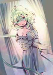 Rule 34 | 1girl, blurry, blurry background, blush, covering privates, covering breasts, cowboy shot, culotte (hosenrock), curtains, dutch angle, eyeball, furrowed brow, hair between eyes, heart, heart-shaped pupils, highres, indoors, komeiji koishi, light green hair, looking at viewer, medium hair, no headwear, off shoulder, parted lips, single bare shoulder, solo, symbol-shaped pupils, third eye, touhou, window