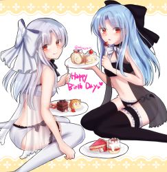 Rule 34 | 2girls, :q, ass, black bra, black legwear, black panties, blue hair, bow, bowtie, bra, cake, choker, eating, english text, feet out of frame, food, fork, from side, fruit, happy birthday, highres, holding, holding plate, knees together feet apart, len (tsukihime), long hair, looking at viewer, looking back, melty blood, multiple girls, navel, panties, plate, pointy ears, red eyes, ribbon, silver hair, sitting, smile, strawberry, tanaji, thighhighs, tongue, tongue out, tsukihime, underwear, underwear only, wariza, white bra, white legwear, white len (tsukihime), white panties