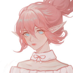 Rule 34 | 1girl, alternate hair color, closed mouth, collarbone, commentary request, detached collar, green eyes, hair between eyes, hair up, highres, janna (league of legends), league of legends, neck ribbon, pink ribbon, pointy ears, ponytail, portrait, ribbon, saikayo, simple background, solo, white background