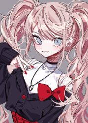 Rule 34 | 1girl, 3j dangan, alternate costume, blue eyes, bow, commentary request, danganronpa: trigger happy havoc, danganronpa (series), enoshima junko, grey background, highres, jewelry, long hair, looking at viewer, nail polish, necklace, pink hair, red bow, red nails, sketch, smile, solo, twintails, v