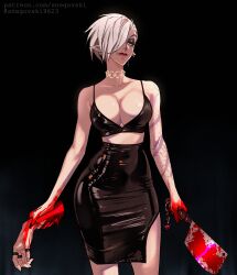 Rule 34 | 1girl, bare shoulders, black nails, black skirt, blood, bloody weapon, breasts, chain, closed mouth, collarbone, commentary, cowboy shot, disembodied limb, english commentary, gradient background, grey hair, half-closed eye, highres, holding, holding knife, holding own arm, knife, large breasts, nail polish, original, pencil skirt, pointy ears, shiny skin, short hair, skirt, smile, snegovski, solo, tattoo, watermark, weapon, web address
