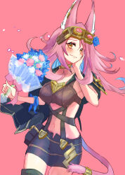 Rule 34 | 1girl, animal ears, bouquet, capelet, caracal ears, cat tail, duel monster, flower, goggles, goggles on head, hand on own cheek, hand on own face, highres, holding, holding bouquet, long hair, midriff, navel, noppe, pink background, pink hair, simple background, sketch, skirt, solo, suspender skirt, suspenders, tail, tail ornament, tri-brigade ferrijit the barren blossom, yellow eyes, yu-gi-oh!