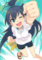 Rule 34 | 1girl, bad id, bad pixiv id, black hair, casual, clenched hand, clenched hands, foreshortening, ganaha hibiki, green eyes, hair ribbon, idolmaster, idolmaster (classic), jewelry, long hair, necklace, one eye closed, otoutogimi, perspective, ponytail, raised fist, ribbon, sandals, shorts, solo, wink