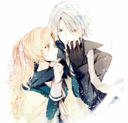 Rule 34 | 1boy, 1girl, aqua eyes, blonde hair, dante falzone, facing viewer, green eyes, hetero, highres, holding hands, liliana adornato, long hair, long sleeves, looking at another, looking to the side, piofiore no bansho, ponytail, qi7pi, scarf, white background, white hair