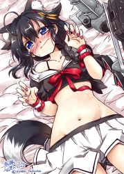 Rule 34 | 1girl, animal ears, azur lane, black hair, blue eyes, blush, braid, commentary request, cosplay, cowboy shot, dated, groin, hair flaps, hair over shoulder, highres, historical name connection, kantai collection, long hair, lying, machinery, midriff, nail polish, name connection, pleated skirt, remodel (kantai collection), rigging, shigure (azur lane), shigure (azur lane) (cosplay), shigure (kancolle), signature, single braid, skirt, solo, tail, takana shinno, twitter username, white skirt, wolf ears, wolf tail