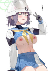 Rule 34 | 1girl, absurdres, blue archive, blue sailor collar, blue serafuku, blue skirt, blush, bucket hat, clothes lift, combat helmet, commentary request, green halo, halo, hat, helmet, highres, long sleeves, looking at viewer, navel, neckerchief, purple hair, raglan sleeves, sailor collar, saki (blue archive), school uniform, serafuku, shirt lift, short hair, simple background, skirt, solo, stahlhelm, subachi, sweat, translation request, v, white background, white hat, white helmet, yellow neckerchief
