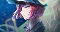 Rule 34 | 1girl, bell, black headwear, black jacket, blurry, brown shirt, chabashira tenko, collared shirt, commentary request, danganronpa (series), danganronpa v3: killing harmony, depth of field, from side, ghost, hair ornament, hat, highres, jacket, looking afar, neck bell, porary, profile, red eyes, red hair, shirt, short hair, solo focus, witch hat, yumeno himiko