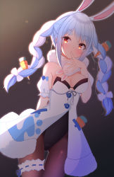 Rule 34 | 1girl, animal ear fluff, animal ears, bare shoulders, black leotard, blue hair, blush, bow, braid, breasts, brown eyes, brown pantyhose, carrot hair ornament, closed mouth, commentary request, detached sleeves, don-chan (usada pekora), dress, finger to mouth, food-themed hair ornament, gluteal fold, hair bow, hair ornament, hand up, highres, hololive, kawaiipony2, leotard, medium breasts, multicolored hair, pantyhose, puffy short sleeves, puffy sleeves, rabbit ears, short eyebrows, short sleeves, sidelocks, smile, solo, standing, strapless, strapless dress, strapless leotard, thick eyebrows, thigh gap, twin braids, twintails, two-tone hair, usada pekora, usada pekora (1st costume), virtual youtuber, white bow, white dress, white hair, white sleeves