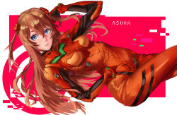 Rule 34 | 1girl, absurdres, blue eyes, blush, bodysuit, character name, cowboy shot, evangelion: 3.0 you can (not) redo, from side, hair between eyes, hair ornament, hand on own hip, head tilt, highres, long hair, looking away, multicolored bodysuit, multicolored clothes, neon genesis evangelion, odarys, orange hair, outside border, parted bangs, pink background, plugsuit, rebuild of evangelion, red bodysuit, solo, souryuu asuka langley, twintails, two side up, very long hair, wide hips