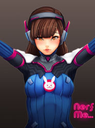Rule 34 | 1girl, animal print, arms up, bad id, bad pixiv id, blush, bodysuit, breasts, brown background, brown eyes, brown hair, d.va (overwatch), english text, facepaint, facial mark, gradient background, headphones, high collar, highres, lips, long hair, looking at viewer, matching hair/eyes, medium breasts, outstretched arms, overwatch, overwatch 1, pilot suit, rabbit print, ribbed bodysuit, shoulder pads, skin tight, solo, sushoartworks, swept bangs, upper body, whisker markings
