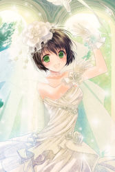 Rule 34 | 1girl, arms up, asmis, asmis hara, bare shoulders, blush, brown hair, collarbone, dress, flower, gloves, green eyes, grin, lowres, open mouth, outstretched hand, reum, rose, short hair, smile, solo, standing, strapless, sword girls, veil, wedding dress