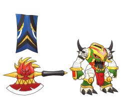 Rule 34 | axe, battle axe, concept art, demon, digimon, digimon (creature), extra faces, full body, highres, holding, holding weapon, horns, official art, open mouth, red eyes, sharp teeth, shield, solo, teeth, transparent background, weapon, xingtianmon