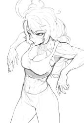 Rule 34 | 1girl, abs, aeyga, blush, breasts, cleavage, collarbone, greyscale, highres, large breasts, leaning back, long hair, looking ahead, monochrome, muscular, muscular female, navel, original, pants, scar, scar on face, scar on nose, sketch, solo, tank top, white background, yoga pants