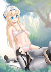 Rule 34 | 10s, 1boy, 1girl, :p, absurdres, armor, blonde hair, blue eyes, bra, breasts, cowgirl position, day, forest, girl on top, goblin slayer, goblin slayer!, hand on own chest, hat, head out of frame, helmet, highres, long hair, lying, nature, naughty face, navel, on back, outdoors, panties, priestess (goblin slayer!), small breasts, smile, straddling, thighhighs, tongue, tongue out, tree, underwear, underwear only, white bra, white panties, white thighhighs