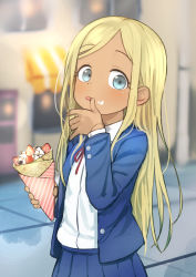 Rule 34 | 1girl, blonde hair, blue eyes, blurry, blurry background, commentary request, crepe, dark-skinned female, dark skin, food, food on face, fruit, gazacy (dai), highres, idolmaster, idolmaster cinderella girls, layla (idolmaster), long hair, long sleeves, looking at viewer, skirt, solo, strawberry, tongue, tongue out, wiping face