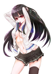 Rule 34 | 10s, 1girl, absurdres, artist request, black hair, breasts, highres, isokaze (kancolle), kantai collection, long hair, looking at viewer, mizuiro raika, mouth hold, no panties, open clothes, open shirt, red eyes, ribbon, school uniform, serafuku, shirt, single thighhigh, skirt, solo, thighhighs