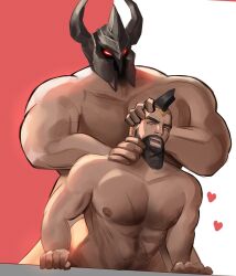 Rule 34 | 2boys, abs, ahegao, anal, bara, beard, brown hair, chest hair, completely nude, doggystyle, facial hair, fake horns, glowing, glowing eyes, hand on another&#039;s head, head grab, heart, helmet, highres, horned helmet, horns, implied sex, large pectorals, league of legends, long beard, male focus, male penetrated, mature male, mohawk, mordekaiser, multiple boys, muscular, muscular male, mustache, navel, navel hair, nipples, nude, out-of-frame censoring, pantheon (league of legends), pectorals, scar, scar on chest, sex, sex from behind, short hair, sideburns, size difference, sociopotato1, stomach, thick eyebrows, topless male, two-tone background, yaoi