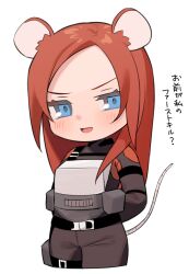 Rule 34 | 1girl, animal ears, animification, apex legends, armor, arms behind back, ashleigh reid, belt, black belt, black bodysuit, bodysuit, breastplate, brown hair, chibi, kemonomimi mode, long hair, mouse ears, mouse girl, nagoooon 114, open mouth, smile, solo, thigh belt, thigh strap, translation request, v-shaped eyebrows
