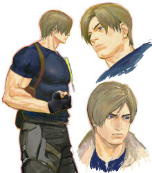 Rule 34 | 123456dyom, 1boy, absurdres, bara, black gloves, black pants, black shirt, blue eyes, brown hair, clenched hand, closed mouth, curtained hair, fingerless gloves, gloves, highres, holster, knife sheath, large pectorals, leon s. kennedy, male focus, muscular, muscular male, pants, pectorals, resident evil, resident evil 4, resident evil 4 (remake), sheath, shirt, short hair, shoulder holster, simple background, white background