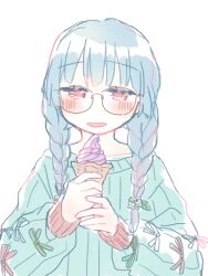 Rule 34 | 1girl, :d, blue hair, blue sweater, blush, braid, cha ipride, food, glasses, hair over shoulder, hair tie, half-closed eyes, highres, holding, holding food, holding ice cream, hyodou shizuku, ice cream, idoly pride, long bangs, long sleeves, multicolored hair, open mouth, own hands together, pink hair, red eyes, ribbed sweater, simple background, smile, solo, straight-on, streaked hair, sweater, twin braids, upper body, white background