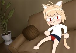 Rule 34 | 1girl, :3, absurdres, ahoge, animal ears, antenna hair, bare legs, barefoot, blonde hair, blue skirt, blush, brown background, cameltoe, carnival phantasm, cat ears, cat tail, clothes lift, couch, highres, long sleeves, looking at viewer, lying, matsuoka sagato, miniskirt, neco-arc, on back, panties, pillow, plant, presenting, red eyes, red panties, short hair, sitting, skirt, skirt lift, spread legs, sweater, tail, turtleneck, turtleneck sweater, underwear, white sweater