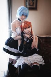 Rule 34 | 2girls, asian, ayanami rei, ayanami rei (cosplay), bare shoulders, chain, collar, cosplay, gloves, holding hands, indoors, looking at viewer, maid, multiple girls, neon genesis evangelion, photo (medium), real life, souryuu asuka langley, souryuu asuka langley (cosplay)