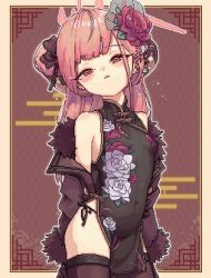 Rule 34 | 1girl, 2049 (hh5566), aru (blue archive), black dress, black thighhighs, blue archive, blush, breasts, brown coat, brown eyes, brown horns, china dress, chinese clothes, coat, covered navel, cowboy shot, demon horns, dress, flower, fur-trimmed coat, fur trim, hair flower, hair ornament, halo, horns, long hair, looking at viewer, parted lips, pink hair, pink halo, pixel art, red flower, small breasts, solo, thighhighs