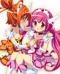 Rule 34 | 10s, 2girls, :o, blush, boots, bow, breasts, brown eyes, choker, cleavage, cure happy, cure sunny, holding hands, hand on shoulder, hino akane (smile precure!), homing (areya), hoshizora miyuki, knee boots, long hair, magical girl, multiple girls, orange hair, orange skirt, pink bow, pink eyes, pink hair, precure, short hair, skirt, small breasts, smile precure!, tiara, twintails, yuri