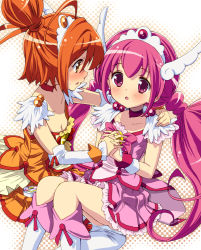 10s 2girls :o blush boots bow breasts brown_eyes choker cleavage cure_happy cure_sunny holding_hands hand_on_shoulder hino_akane_(smile_precure!) homing_(areya) hoshizora_miyuki knee_boots long_hair magical_girl multiple_girls orange_hair orange_skirt pink_bow pink_eyes pink_hair precure short_hair skirt small_breasts smile_precure! tiara twintails yuri