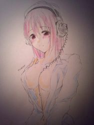 Rule 34 | 1girl, bad id, bad pixiv id, between breasts, blush, breasts, cleavage, derivative work, hand on own chest, headphones, large breasts, long hair, looking at viewer, looking down, naked shirt, navel, nitroplus, no bra, pink eyes, pink hair, red eyes, shirt, solo, super sonico, traditional media