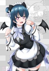 Rule 34 | 1girl, 2019, absurdres, alternate costume, animal ears, apron, artist name, artist request, bare shoulders, bat wings, blue hair, blurry, blush, bow, bowtie, breasts, cat ears, clenched hand, depth of field, detached sleeves, dress, dutch angle, enmaided, female focus, hair bow, hair bun, happy birthday, highres, jewelry, long hair, looking at viewer, love live!, love live! sunshine!!, maid, maid headdress, pout, puffy short sleeves, puffy sleeves, purple eyes, red eyes, ribbon-trimmed sleeves, ribbon trim, short sleeves, side bun, single hair bun, small breasts, solo, standing, striped bow, striped bowtie, striped clothes, sweatdrop, table, tsushima yoshiko, v-shaped eyebrows, wings, wrist cuffs