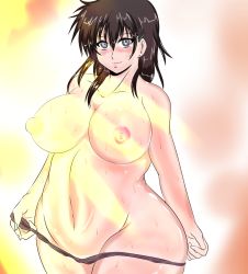 Rule 34 | 1girl, blue eyes, blush, breasts, brown hair, curvy, double cross, dxyuzu, hair ornament, hairclip, large breasts, looking at viewer, messy hair, navel, nipples, panties, panty pull, plump, puffy nipples, smile, solo, sweat, tamano tsubaki, thick thighs, thighs, topless, underwear, undressing, wide hips