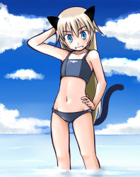 Rule 34 | 00s, 1girl, animal ears, arm behind head, bikini, blonde hair, blue eyes, cat ears, cat tail, day, flat chest, grin, hand on own hip, helma lennartz, long hair, navel, smile, solo, strike witches, strike witches: suomus misfits squadron, swimsuit, tail, tanaka rikimaru, tankini, wading, water, world witches series